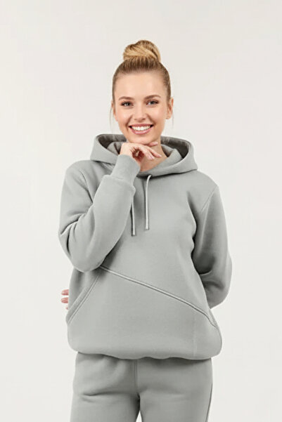 OXVİN Women's Hoodies Cross Kangaroo Pocket 3 Thread Puff Soft (Fleece Inside) K Hooded Sweatshirt - Oversize
