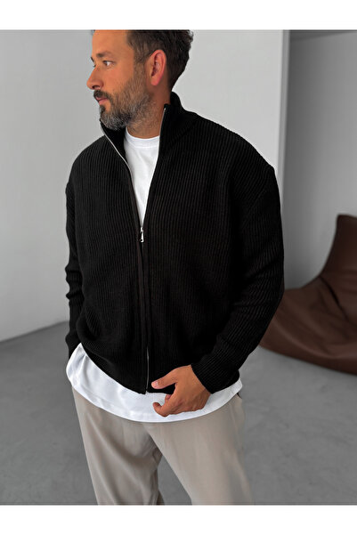 BYBASICMAN Siyah Fermuarlı Yarım Balıkçı Yaka Örme Hırka PM-022
