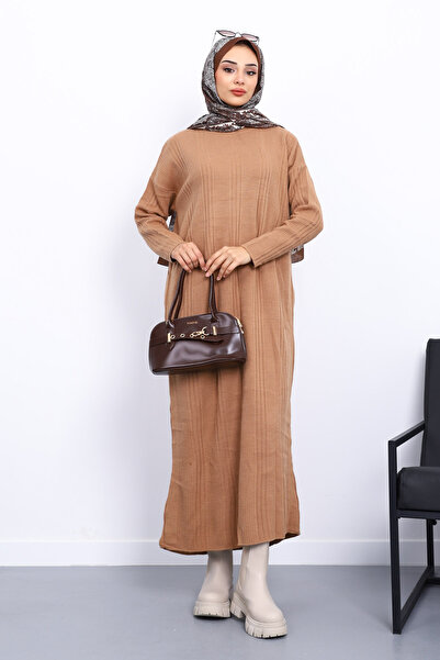 İmajButik Φόρεμα με ριγέ πλεκτό μπισκότο με ριγέ λαιμόκοψη