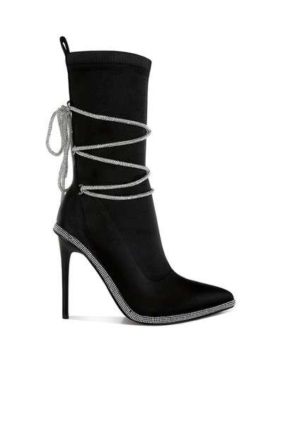 london Rag Women Rhinestones Strap Satin Calf Boots in Black