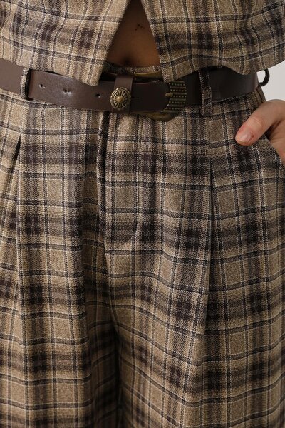 Le Savu Shilsee Women's Plaid Pattern Belted Pants Brown