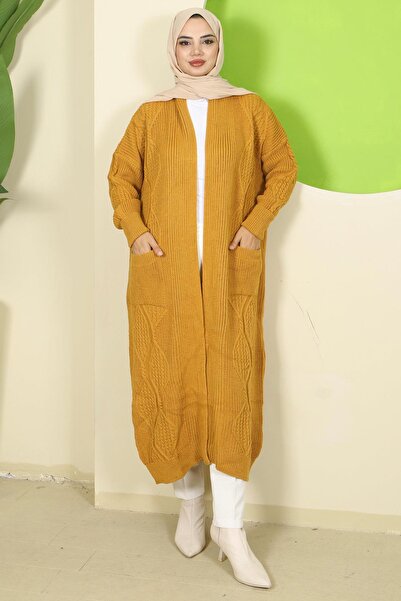 hafsamina Shawl Collar Pocketed Knitwear Cardigan Mustard Hm2534