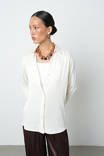 Orfeo Negro Women's V-Neck Ecru Color Gold Buttoned Shirt