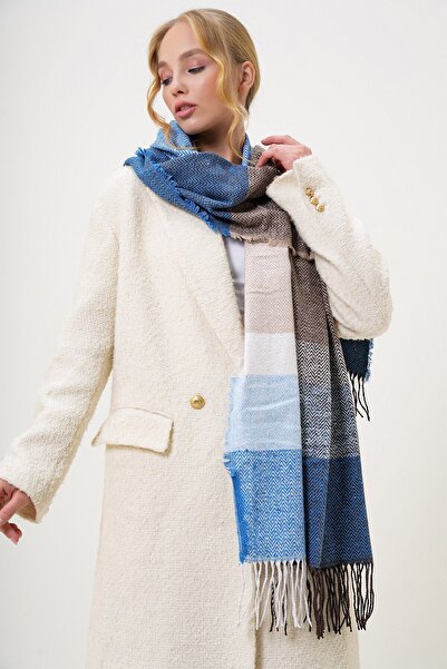 VAGGON Women's Brown-Blue Wool Blend Color Block Shawl Prmx2652