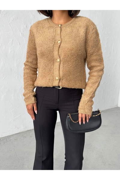 BEJNA Women's Camel Towel Woven Buttoned Knitwear Cardigan