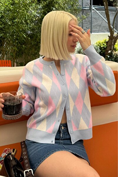 Madmext Modrý dámský kardigan s výstřihem do V a vzorem Baklava Mg2496