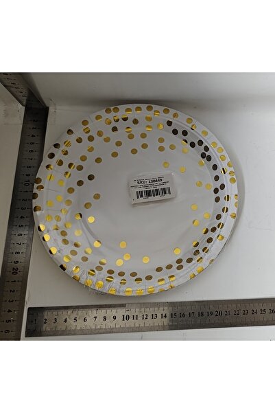 Flippy Set 10 Farfurii Unica Folosinta, Flippy, Imprimeu cu Buline, din Carton, Diametru 23 cm, Alb/Auriu