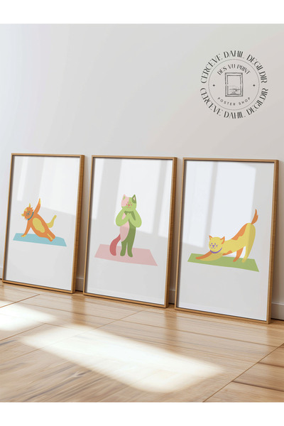 DES VU PRINT 3'lü Yoga Yapan Kedi Posteri, Çerçevesiz Yoga Temalı Poster Seti