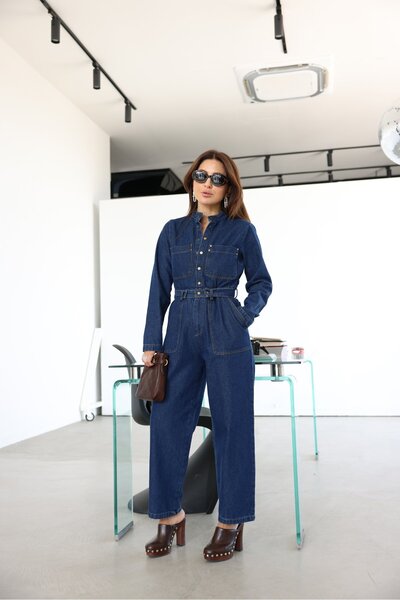 Özge Özgenç Çift Cepli Kemer Detaylı Denim Tulum