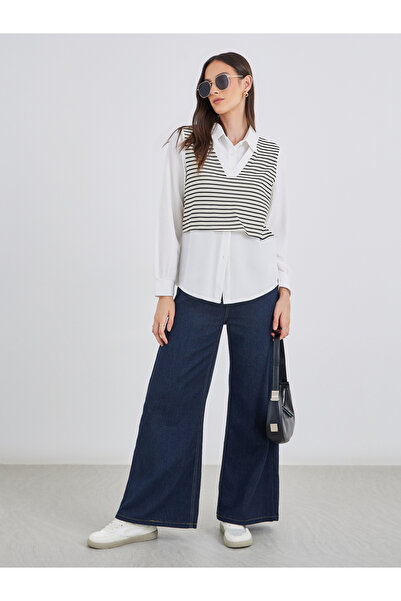 Styli Women Striped Knit Vest Layered Shirt