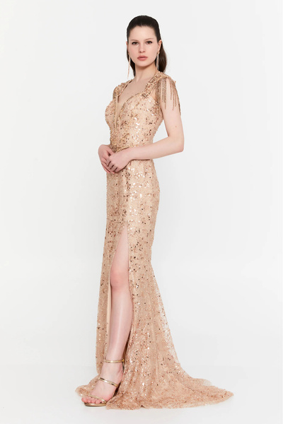 Alinexclusive Women's Stone and Sequin Detailed Sleeveless Fish Shape Tulle Evening Dress 1891 Mink