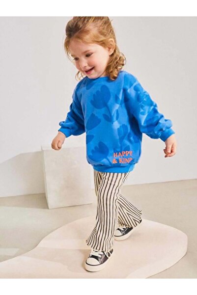 Magu طقم بنطلون مخطط وسترة قطنية بنقشة زهور زرقاء للفتيات