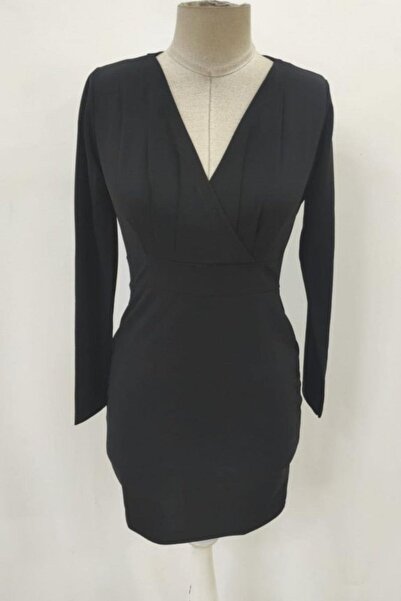 Mossta Double Breasted Collar Imported Crepe Dress - Black