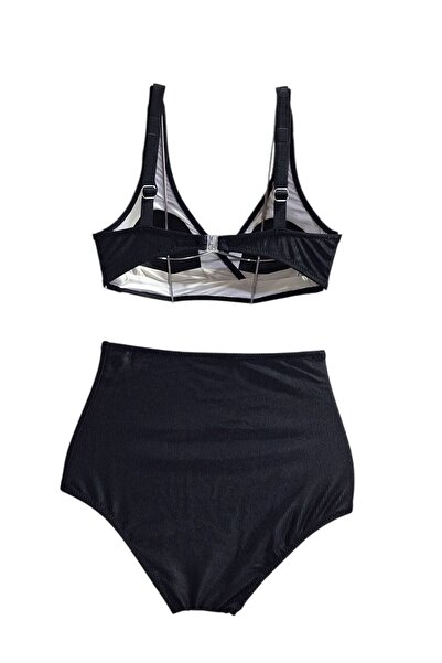 TooHot Women's Ribbed Black High Waist Triangle Strap Bikini Set