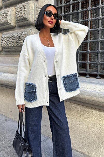 THE VOLER Blanc Denim Detailní pletený kardigan -EKRU