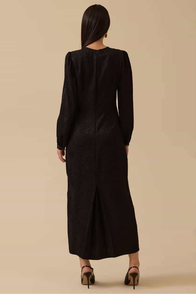 SEÇİL Kadın Desenli Boncuk Detaylı Saten Elbise - Siyah