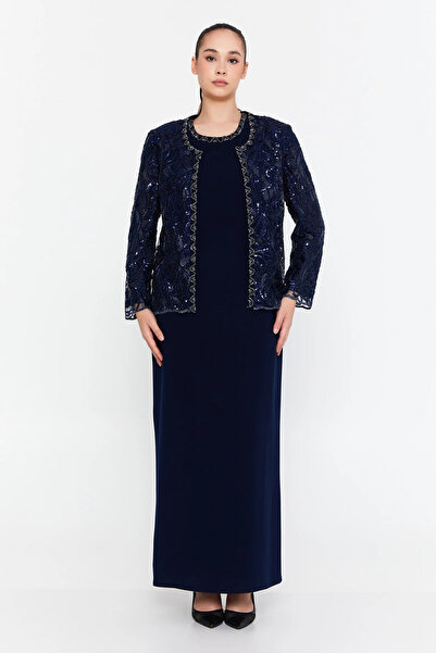 Güzelyalı Kadın Büyük Beden Taş İşlemeli Uzun Abiye Takım 1047 Lacivert