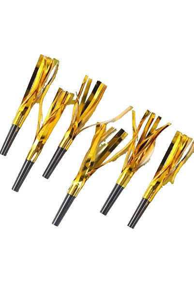Teo Set of 6 Party Whistles with Fringes, Plastic, Gold
