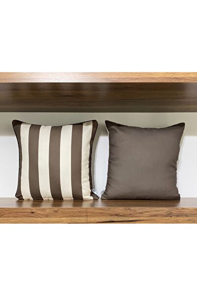 KIRLENTİM 2Li-E41F Brown Cream Striped-Solid Combination - Double-Sided Throw...