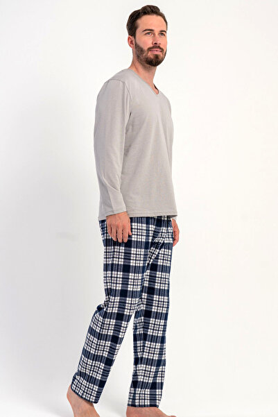 VİENETTA Cotton Men's V-Neck Long Sleeve Pajama Set, 503173