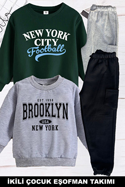 twins tailors Brooklyn Football Baskılı İçi Şardonlu 2 li Paket Gri-Yeşil Uni...