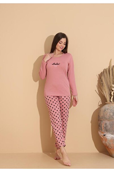 Serena Women's pink pajamas with "HELLO" print and long polka dot pants - 100% cotton