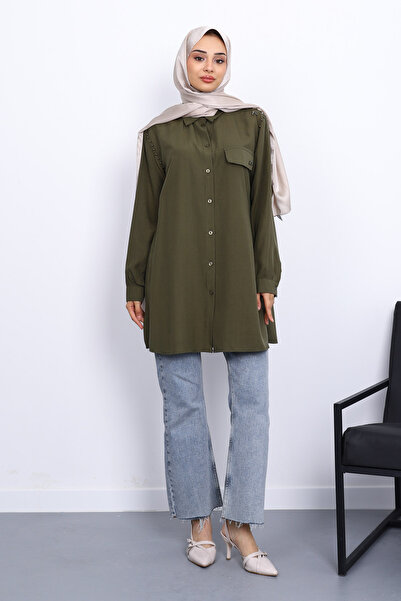 İmajButik Khaki Tunic with Pearls on the Shoulders