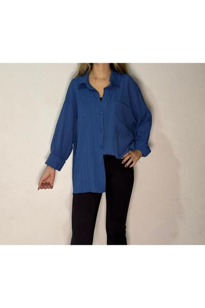 Butik Kadın Giyim Viskon Salaş Mavi Gömlek