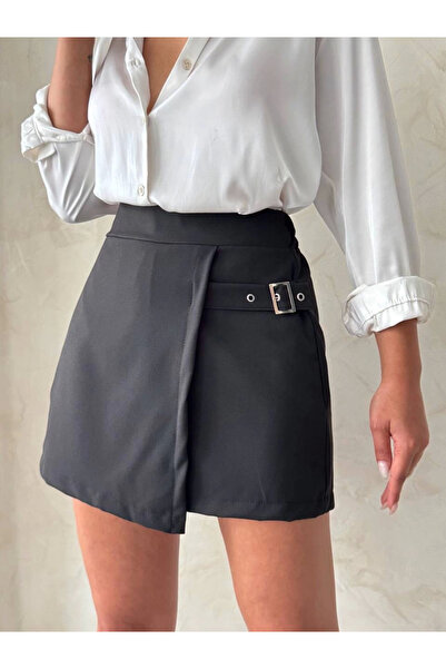 TH COLLECTİON Women's Buckle Shorts Skirt Black S25449 - L