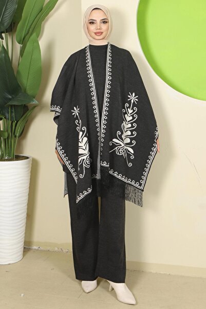hafsamina Punch-Colored Three-Piece Knitwear Set Anthracite Hm2814