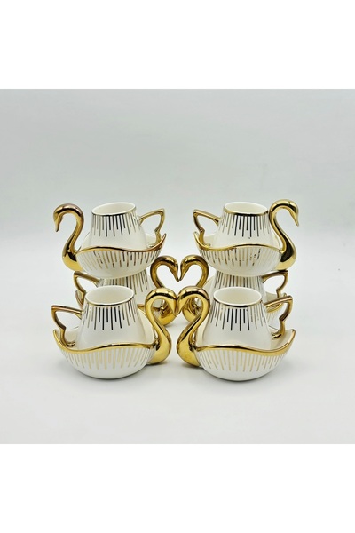 Tekbir LÜX ÇİZGİLİ GOLD KUĞULU PORSELEN KAHVE FİNCAN 12 Parça & 6 Kişilik