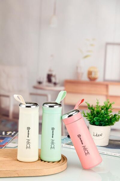 BOSSİO Water Bottle Multi-Purpose (Hiking-Running-Student-Food) 400ml Thermos Special Design Inside Non-Glass Silicone