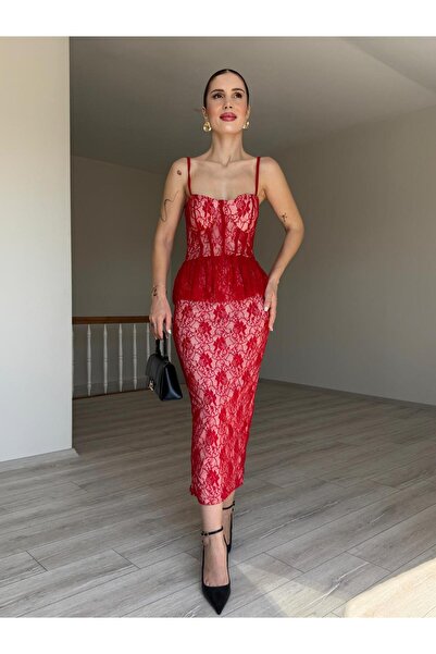 YK FASHION Dantelli Kat Detaylı Elbise