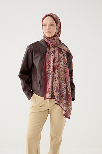 cs camellia scarf Paradise Kraş Şal - Bordo Bej