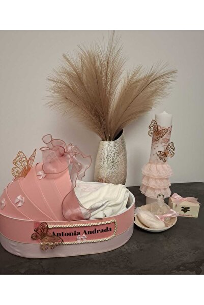 OEM Set elegant pentru botez cu cutie și lumânare, design din dantelă roz