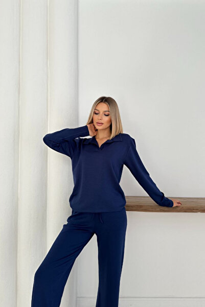 MİROR Women's Navy Blue Modal Fabric Long Sleeve Polo Neck Tracksuit Set
