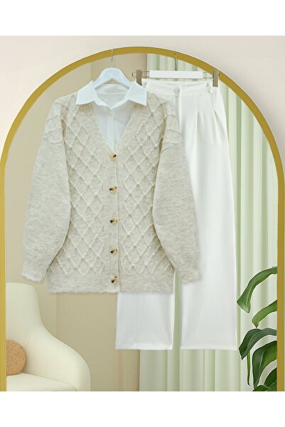 Modamorfo V-Neck Large Button Patterned Knitwear Cardigan -Stone