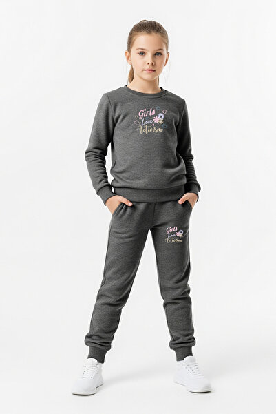 FYK COLLECTİON Комплект спортен екип за момичета с детайли и принт, с кръгла яка