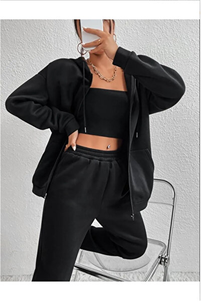 mw memowear Pantaloni de trening unisex negri din țesătură tricotată 2ip cu t...