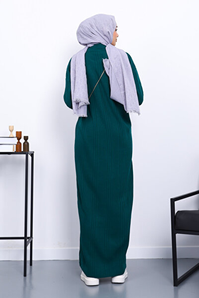 İmajButik Σμαραγδένιο πράσινο πλεκτό φόρεμα με ραβδωτό γιακά