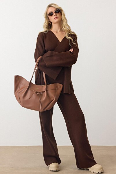 Olcay Lace-Up Kimono Pants Knitwear Set Brown 9364-Tk