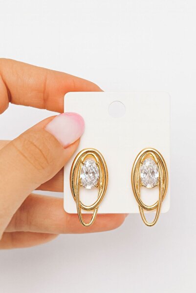 Gunessa Altın Kaplama Oval Taşlı Küpe – Zarif Işıltılı Kadın Küpe Modern Tasarım