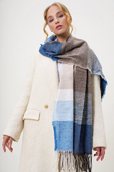 VAGGON Coffee-Blue Wool Blend Color Block Shawl