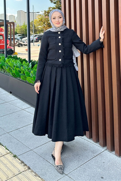 Ovn. طقم تويد مزين بالشراشيب - أسود