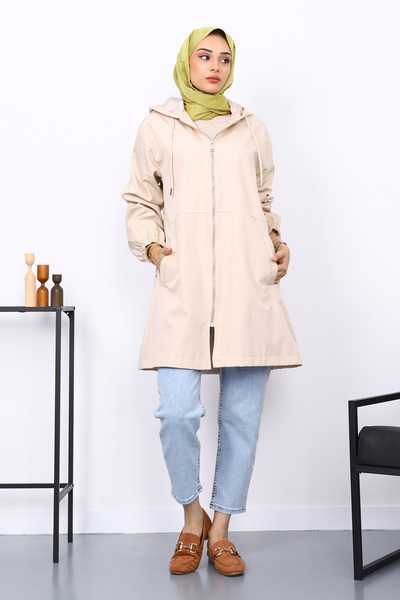 İmajButik Beige Hooded Trench Coat with Embroidered Back