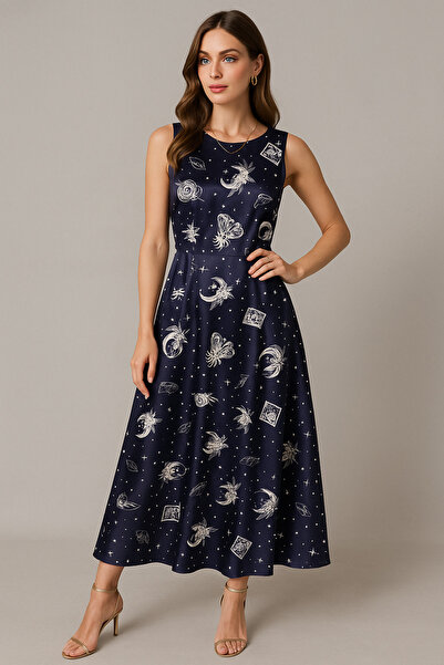 Rich Γυναικείο φόρεμα σατέν με μοντέρνο σχέδιο σε μπλε ναυτικό