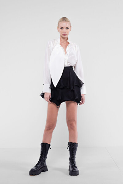 Monarh Design Fusta mini cu volane din matase si inele metalice Black