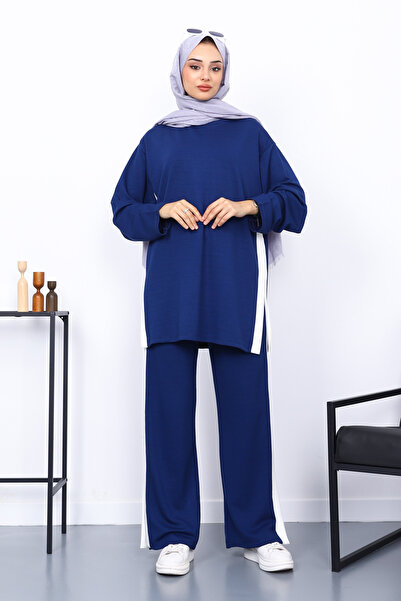 İmajButik Navy Blue Color Block Modal Tunic Trouser Suit