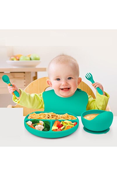 Optim Solution Σετ 5 τεμαχίων κιτ σίτισης σιλικόνης για μωρά και νήπια με σαλιάρα, πλάκα με διαμερίσματα και αναρρόφηση