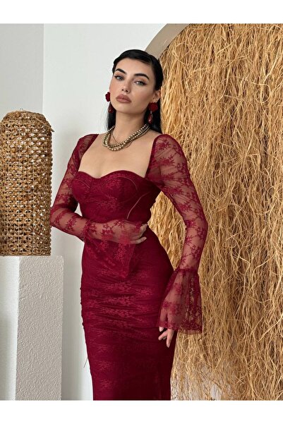 ETİKAFASHION Kalp Yaka Korsaj İspanyol Kol Dantel Kadın Elbise